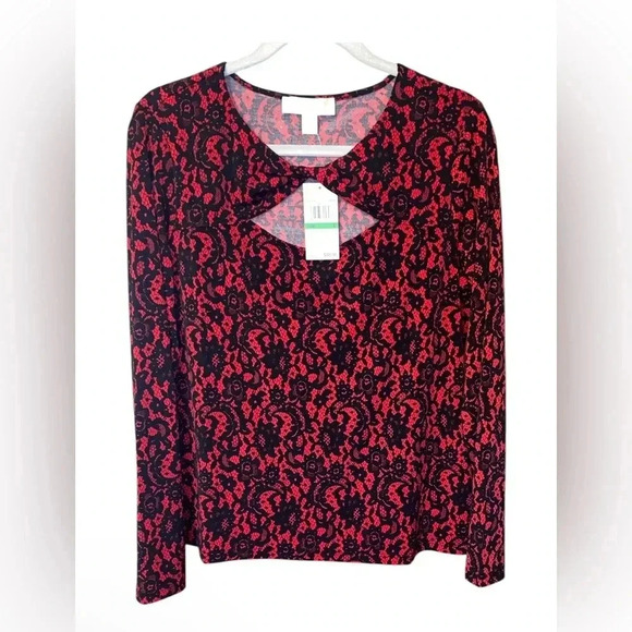 NWT Michael Kors $98 Retail Large Crimson Red Black Lace Print - Picture 2 of 5